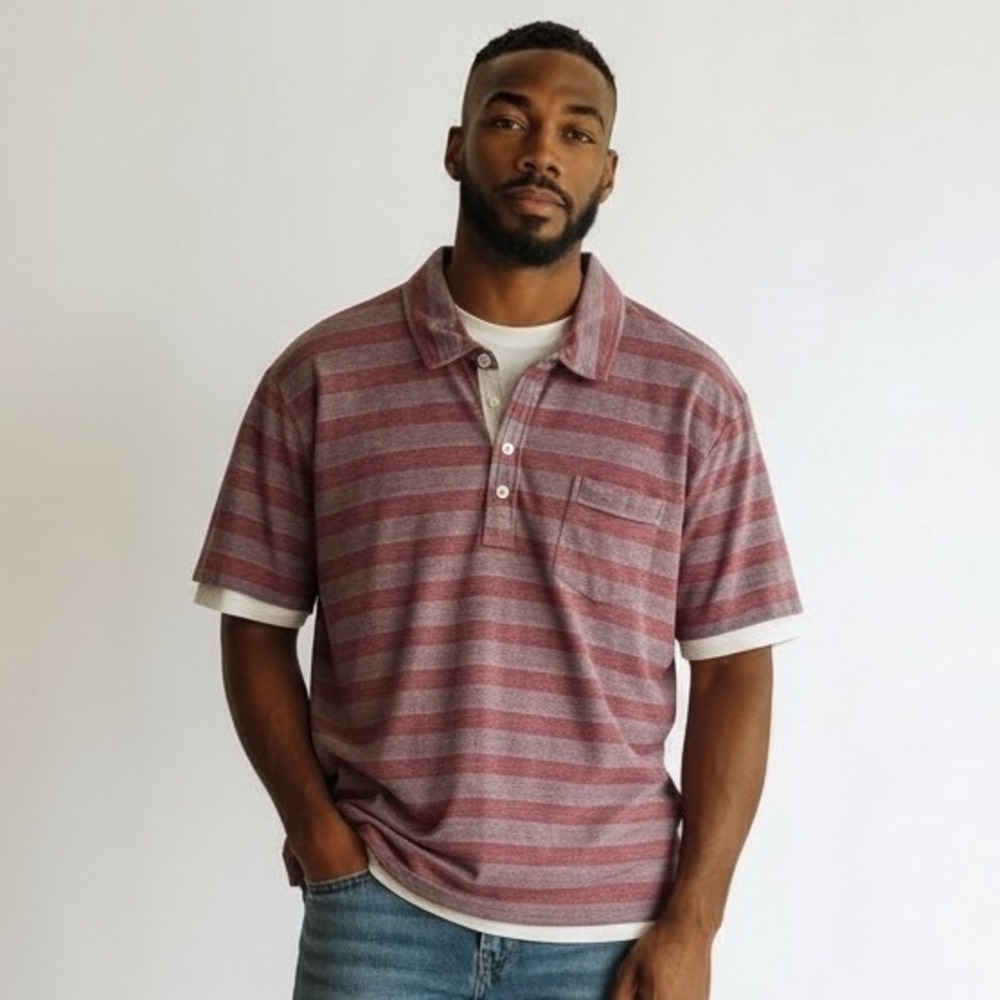 Billy Reid Striped Short Sleeve Polo Shirt Men's Size XL Red Gray Cotton Blend